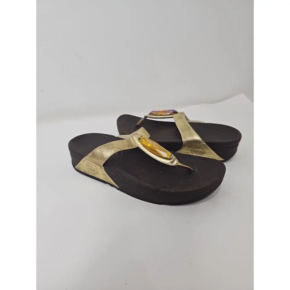 FitFlop Lulu Crystal Embellished Thong Sandals Sz 6 Gold Comfort Flip Flops